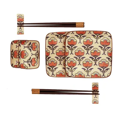 2er Set Teller, Schüsseln, Stäbchen, 13x13cm 8x5.7cm Rot