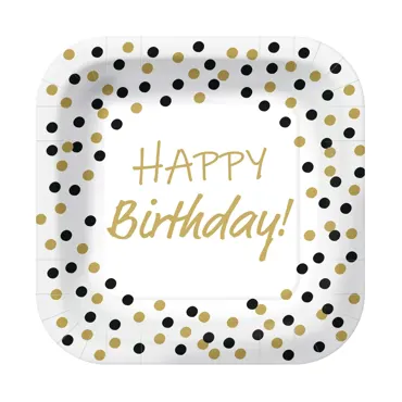 Pappteller 8x Konfetti gold/schwarz, 23x23cm