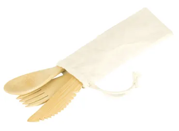 Besteck 3tlg. aus Bambus im Baumwollbeutel