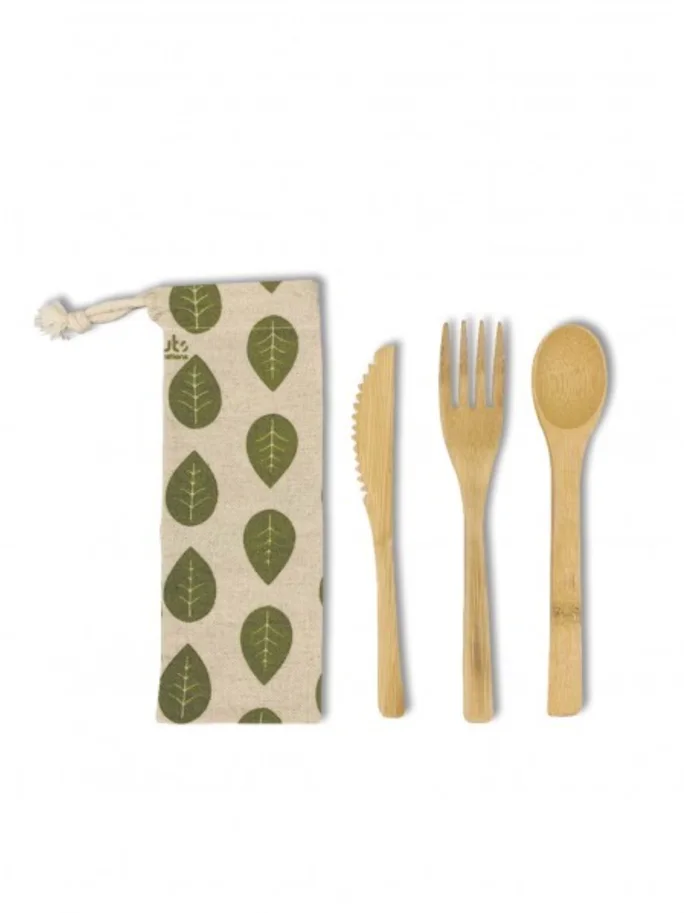 3er Set Bambus Besteckset in Leinenbeutel Blätter 16cm