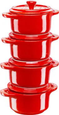 4er Set Keramik Mini Cocotte rund kirschrot 0.2l D10cm