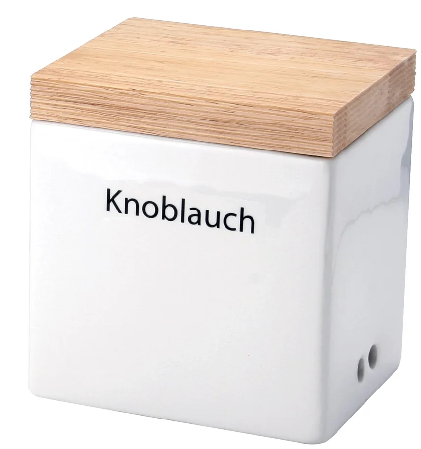Knoblauchbehälter weiss Holzdeckel, 14x12x15.5 cm