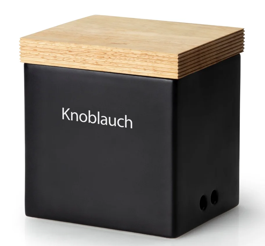 Knoblauchbehälter schwarz Holzdeckel, 14x12xH15,5cm