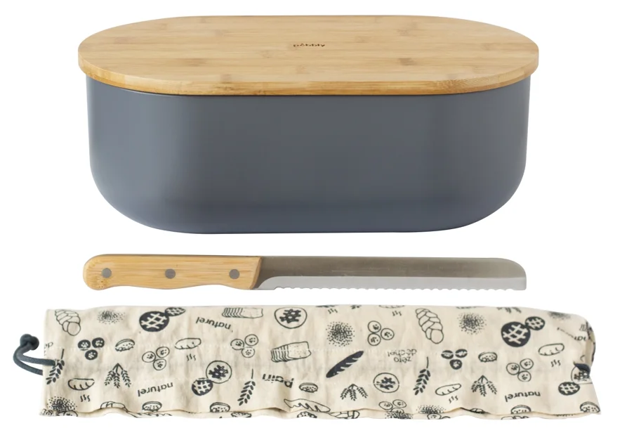 Brotkasten m. Schneidebr., Messer, Brotbeutel, Slate