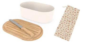 Brotkasten m. Schneidebr., Messer, Brotbeutel, Cream