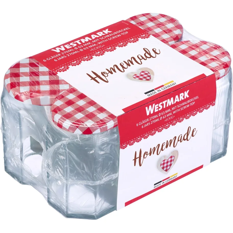 6er Set 270ml 6eck Gläser, m. Deckel, 63 mm