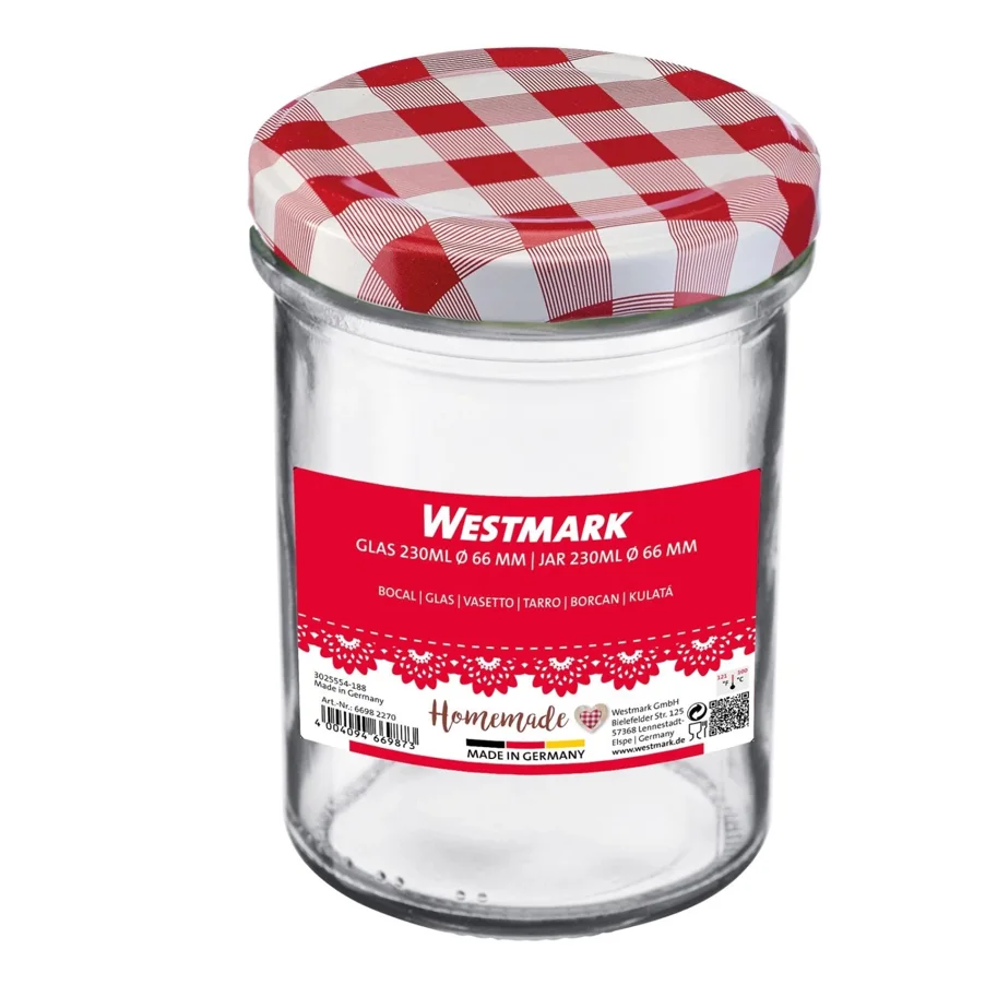 Sturzglas 230ml, m. rot-weiss Deckel, 66 mm