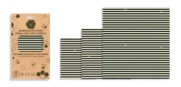3er Set Bienenwachstuch Streifen b/w 30x30,25x2,20x20cm