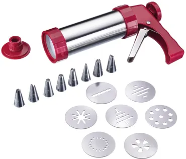 Gebäckpresse u. Garnierspritze m. Formscheiben, Tüllen u. Ad