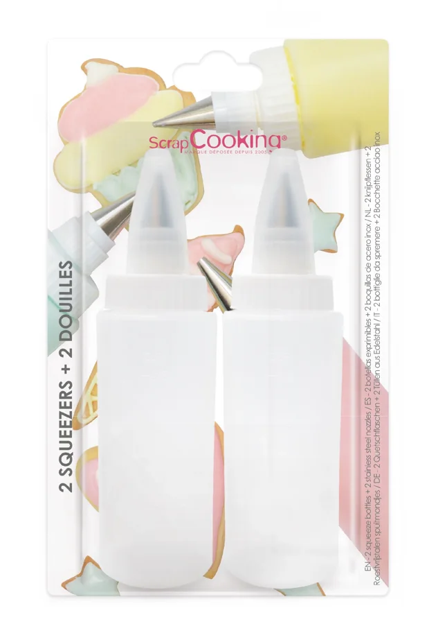 2er Set Quetschflaschen mit 2 Spritztüllen für Zuckerguss