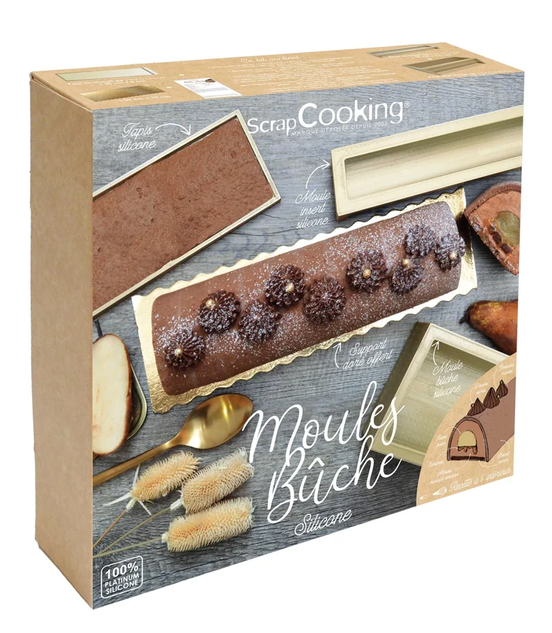 3-tlg. Bûche Box mit Silikonformen m. Bûche, Einsatz, Backma