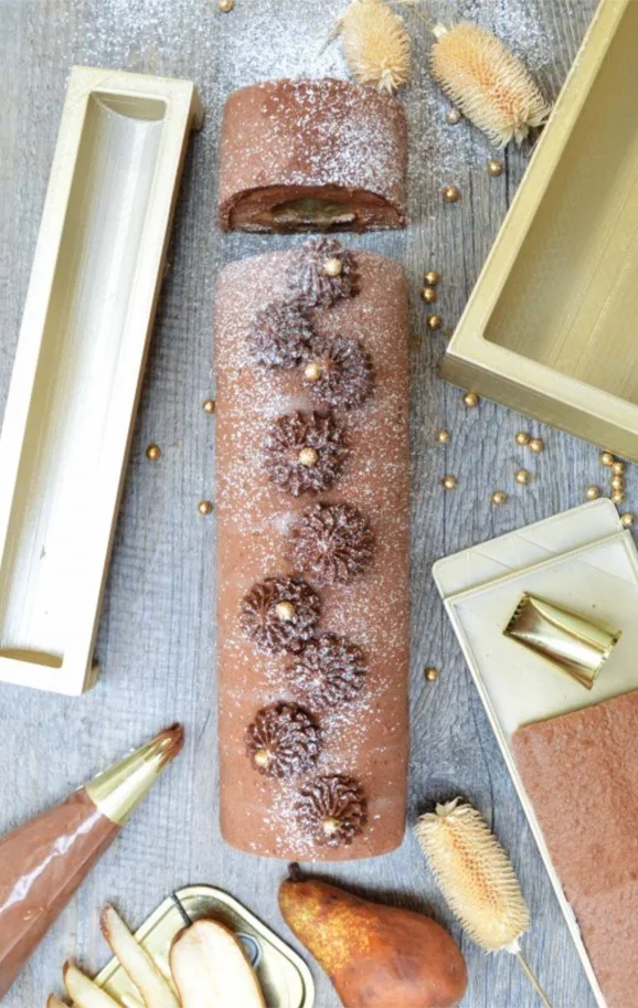 3-tlg. Bûche Box mit Silikonformen m. Bûche, Einsatz, Backma