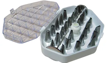 Set mit 26 Edelstahl-Spritztüllen in Box inkl. Adapter