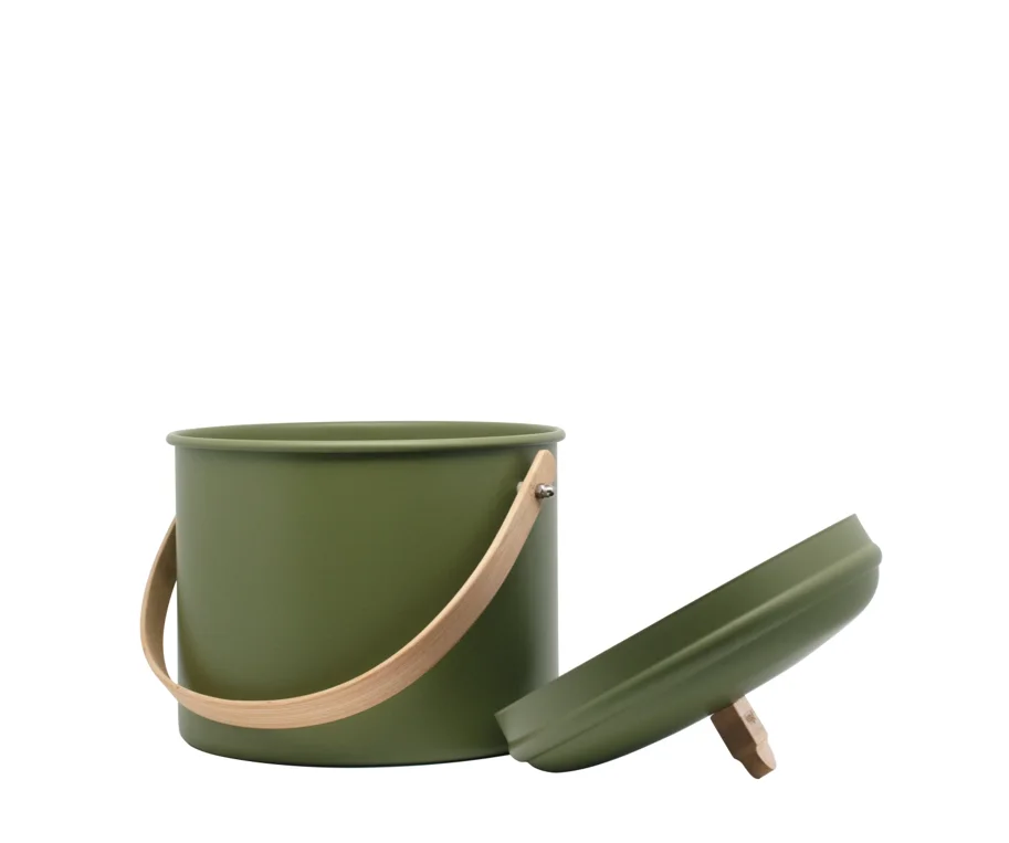 Kompostbehälter 7l Metall olive und Bambus mit Kohlefilter