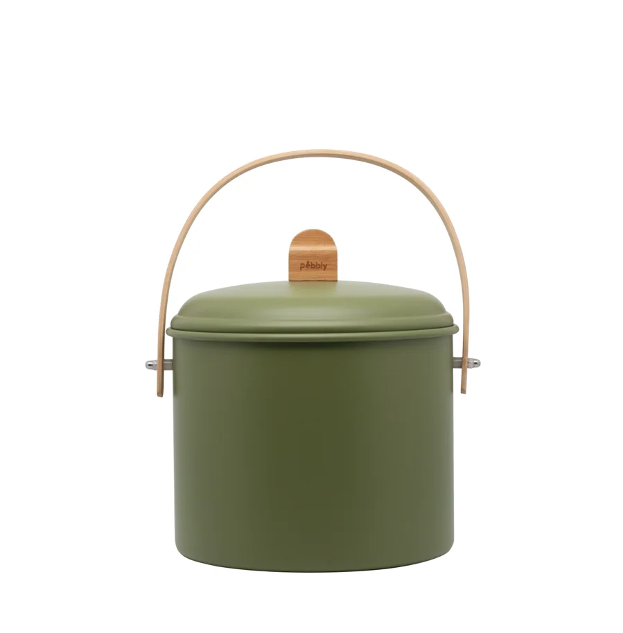 Kompostbehälter 7l Metall olive und Bambus mit Kohlefilter