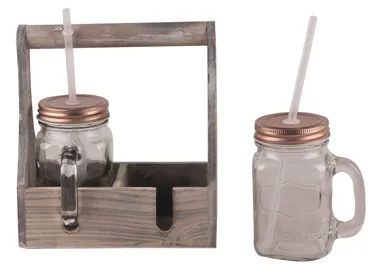 2er Set Glas 400ml mit Trinkhalmen in Holzbox mit Griff