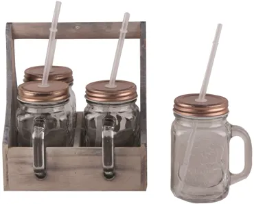 4er Set Glas 400ml mit Trinkhalmen in Holzbox mit Griff