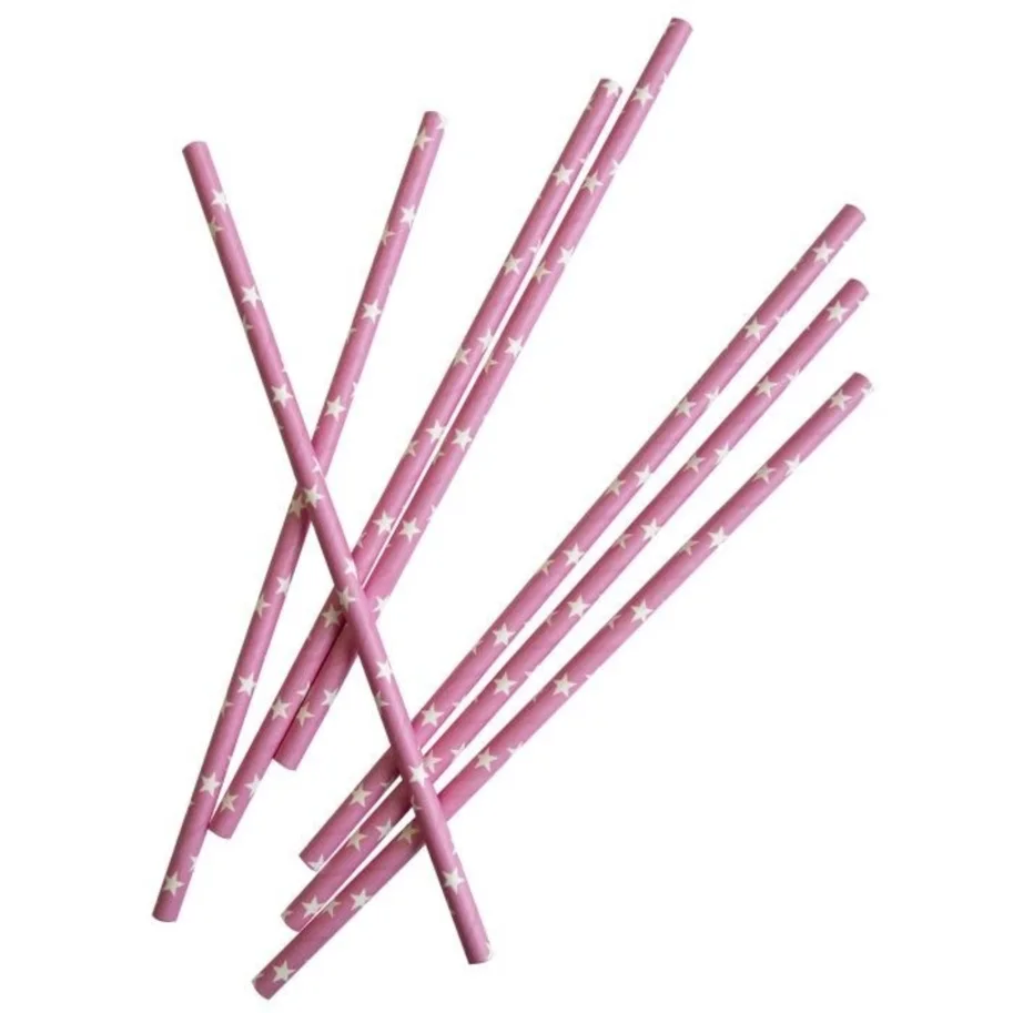 50 Papier-Trinkhalme, rosa mit weissen Sternen, 19,7cm ,50sb