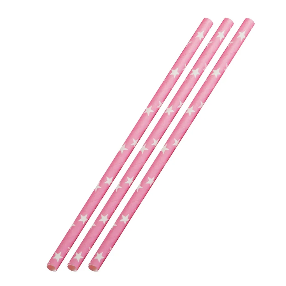 50 Papier-Trinkhalme, rosa mit weissen Sternen, 19,7cm ,50sb