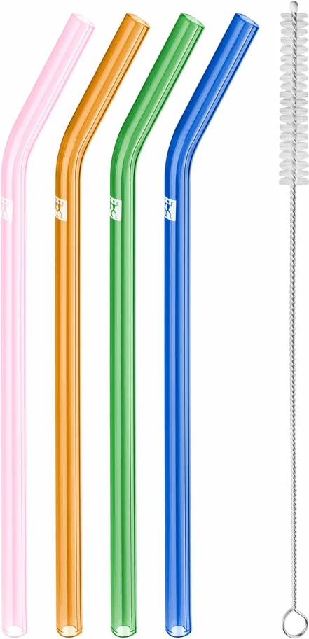 Strohhalme Glas farbig gebogen 4er Set, 23cm D9mm + Bürste