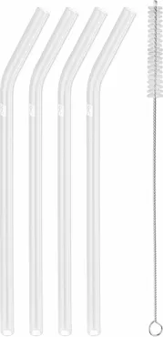 Strohhalme Glas transp. gebogen 4er Set, 23cm D9mm + Bürste