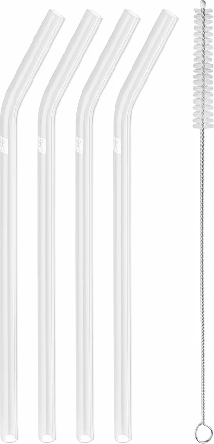 Strohhalme Glas transp. gebogen 4er Set, 23cm D9mm + Bürste