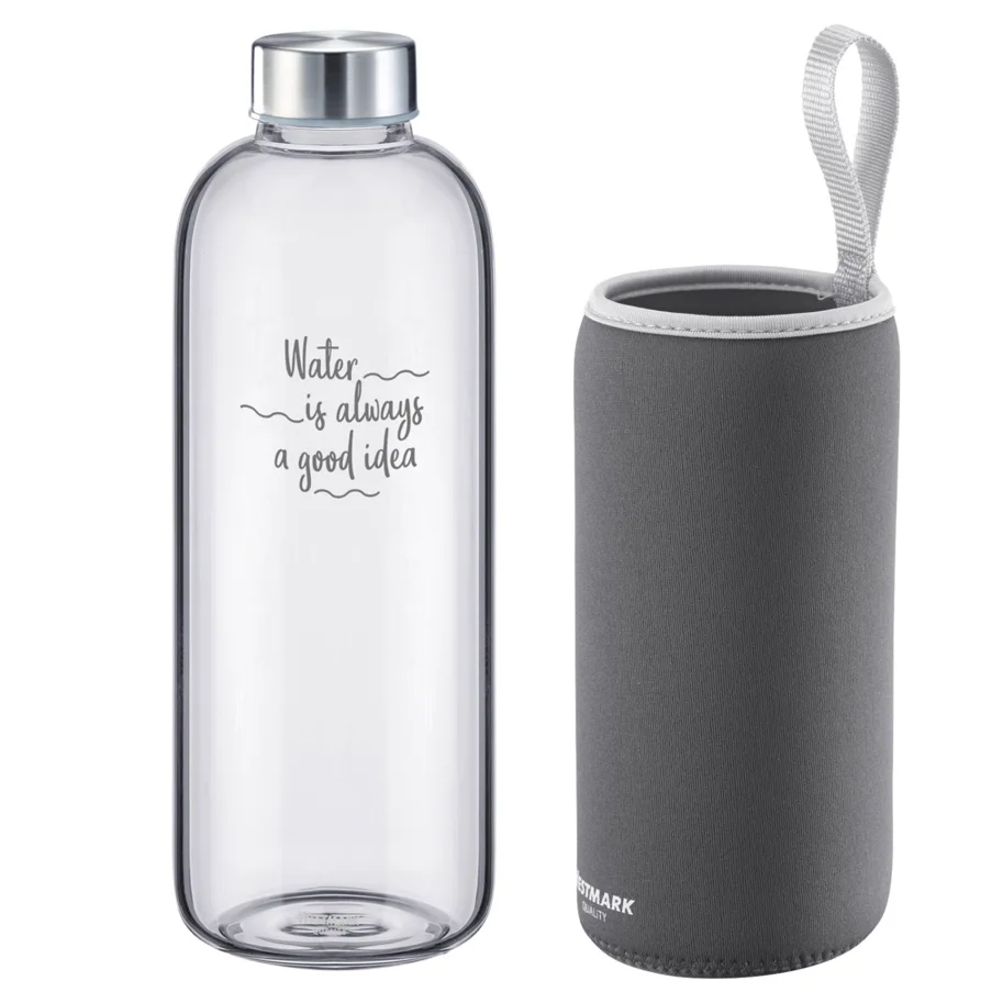 Trinkflasche Viva aus Glas 1 l, mit Cover, anthrazit, sb