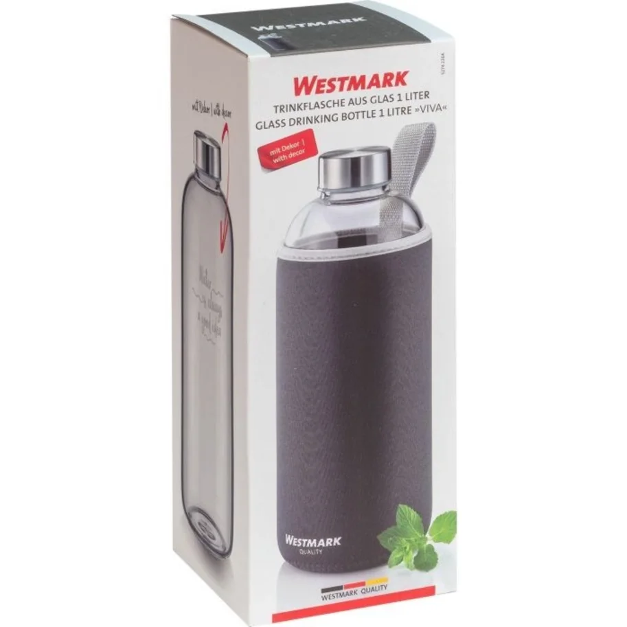 Trinkflasche Viva aus Glas 1 l, mit Cover, anthrazit, sb