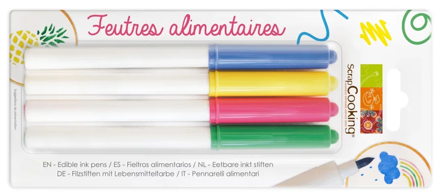 4 Lebensmittelstifte blau, gelb, pink, grün