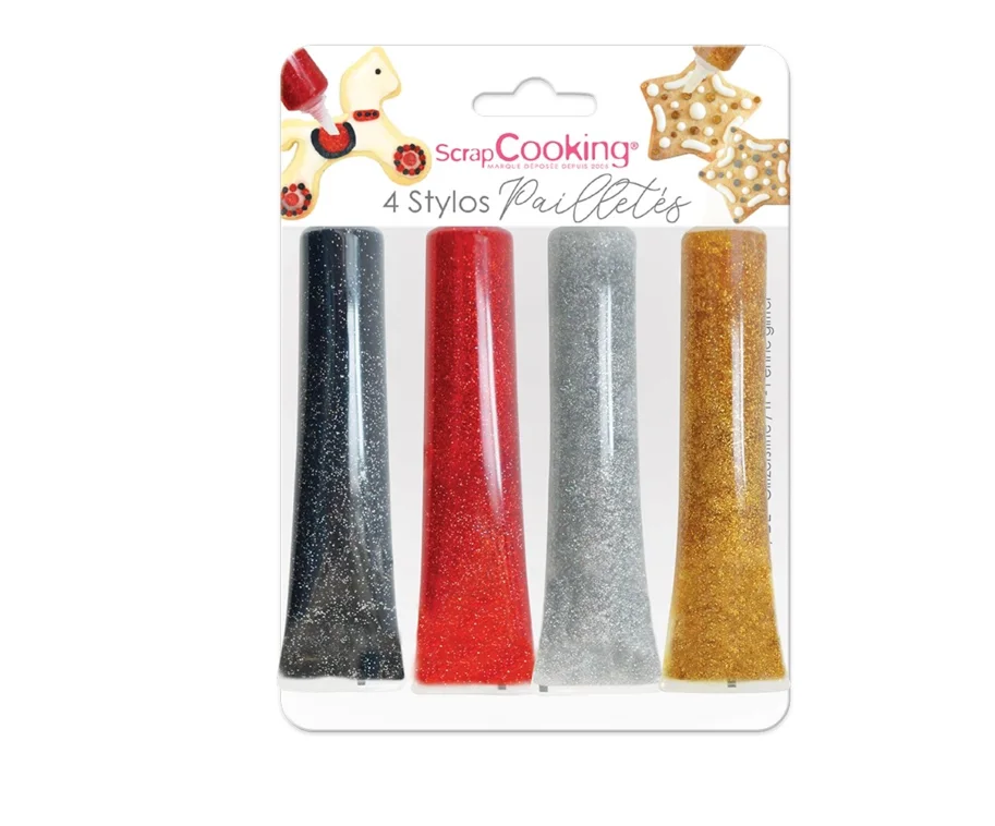 4er Set Zuckergussstift glitzernd,Schwarz,Rot,Grau,Gold 26g