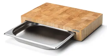 Stirnholz Schneidebrett m. Edelstahl Schublade, 39x27x6 cm