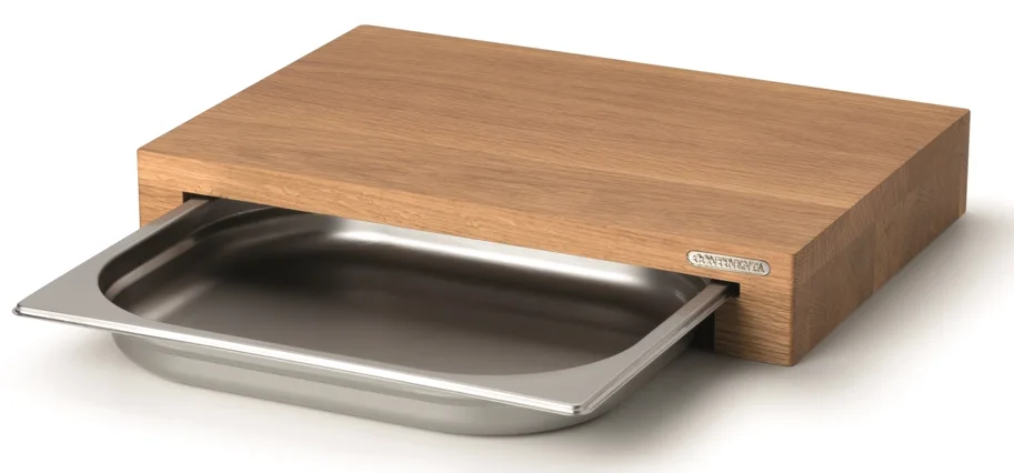 Eiche Schneidebrett m. Edelstahl Schublade, 39x27x6 cm