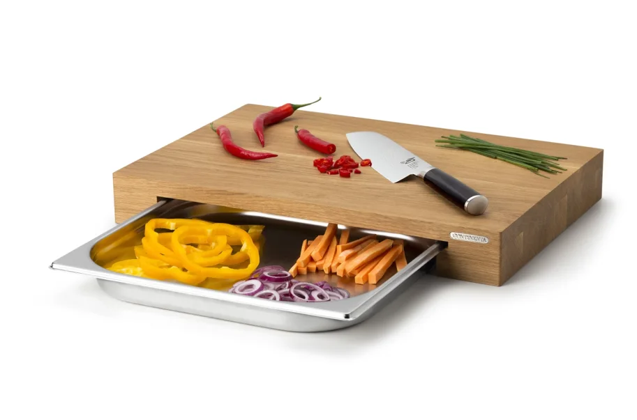 Eiche Schneidebrett m. Edelstahl Schublade, 48x32.5x6 cm