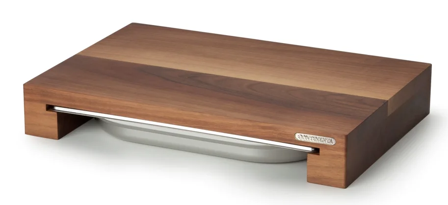 Walnuss Schneidebrett m. Edelstahl Schublade, 39x27x6 cm