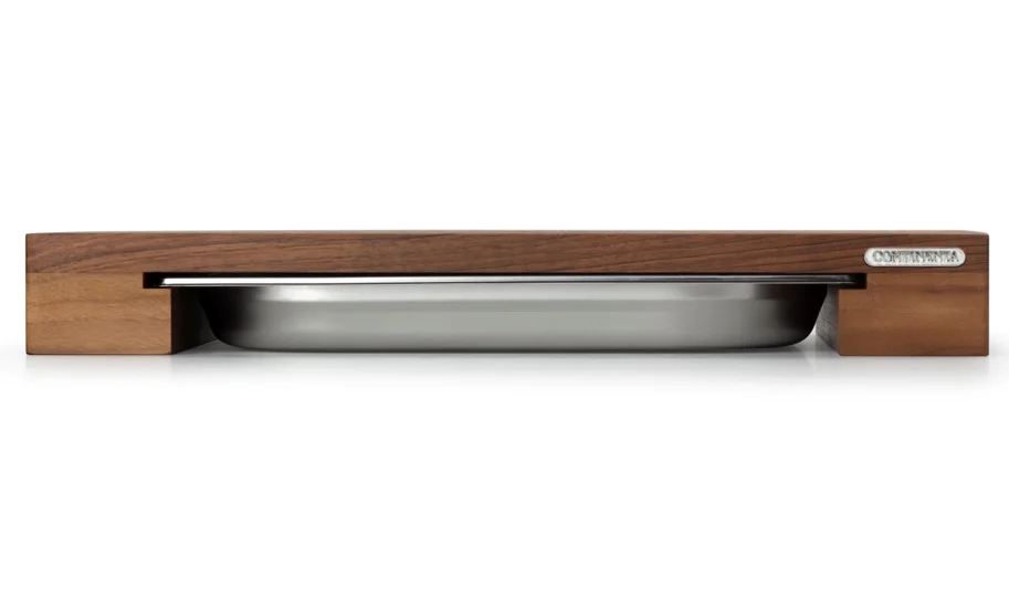 Walnuss Schneidebrett m. Edelstahl Schublade, 39x27x6 cm