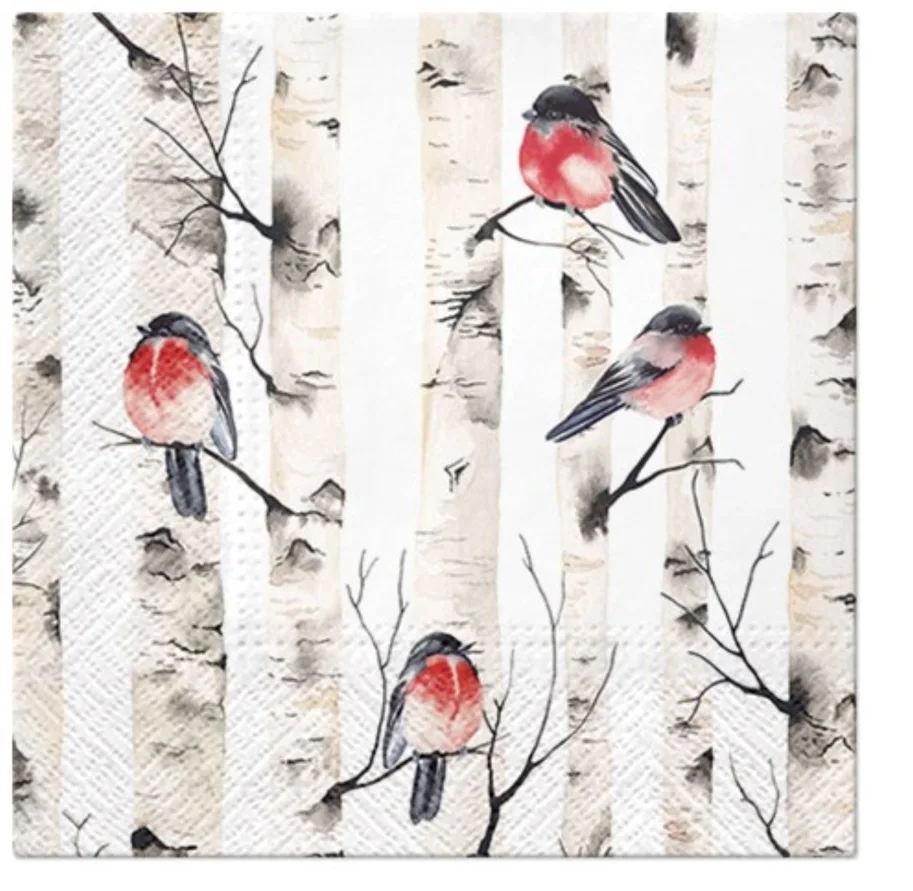 Servietten Lunch 20x Birke mit Vogel, 33x33cm