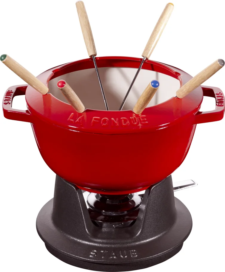 Fondue Set  Kirsch-Rot m. 2 Griffen, rund. 20cm