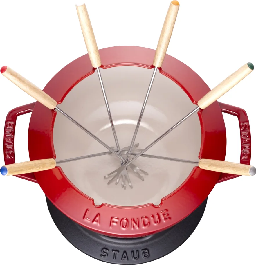 Fondue Set  Kirsch-Rot m. 2 Griffen, rund. 20cm