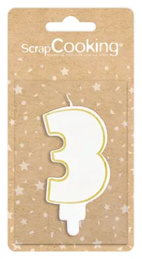 Kerze Nummer 3 weiss mit Goldrand 8cm