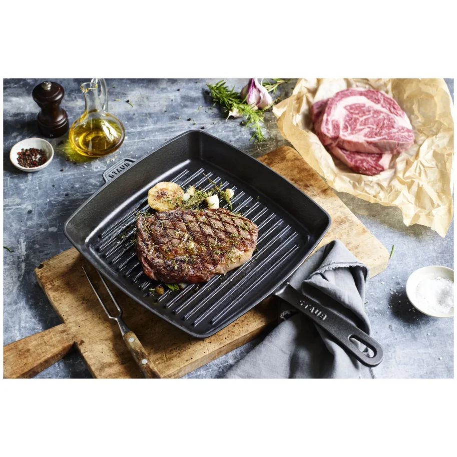 Grillpfanne, quadratisch, 26 x 26cm Schwarz, Gusseisen
