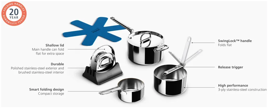 3er Set Space Steel Stielkasserolle Klappgriff 15+19+23cm