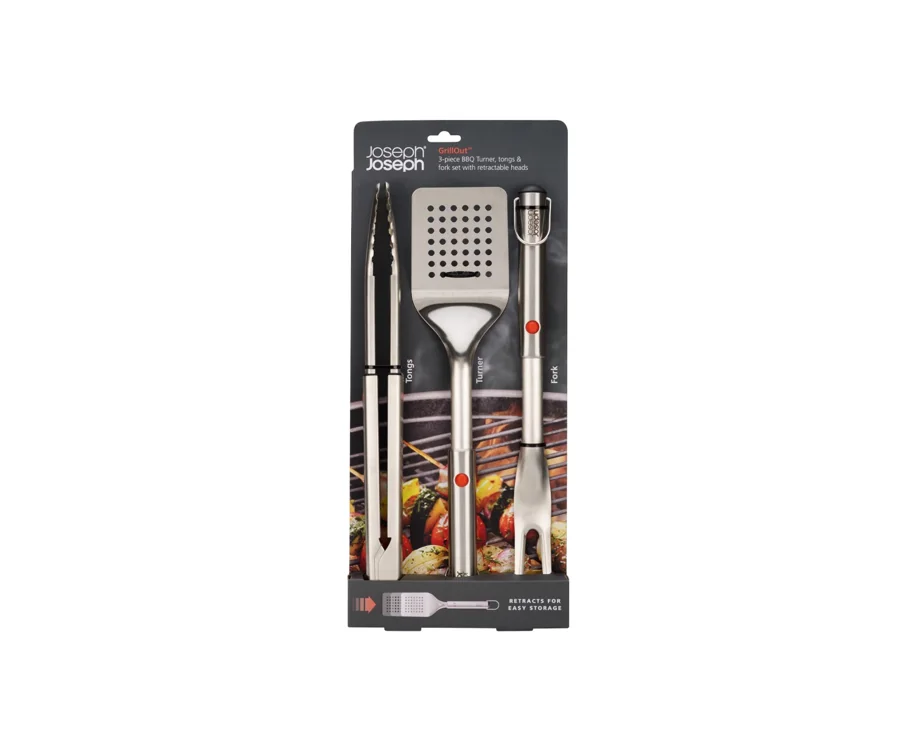 3er Set GrillOut BBQ Wender, Zange und Gabel Edelstahl