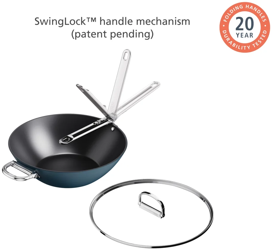 Space Wok D32cm Edelstahl mit Klappgriff und Deckel antihaft