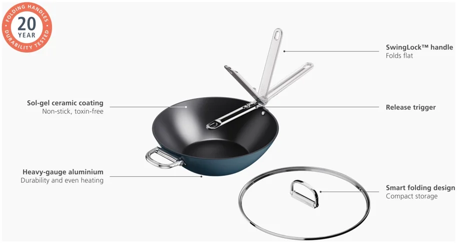 Space Wok D32cm Edelstahl mit Klappgriff und Deckel antihaft
