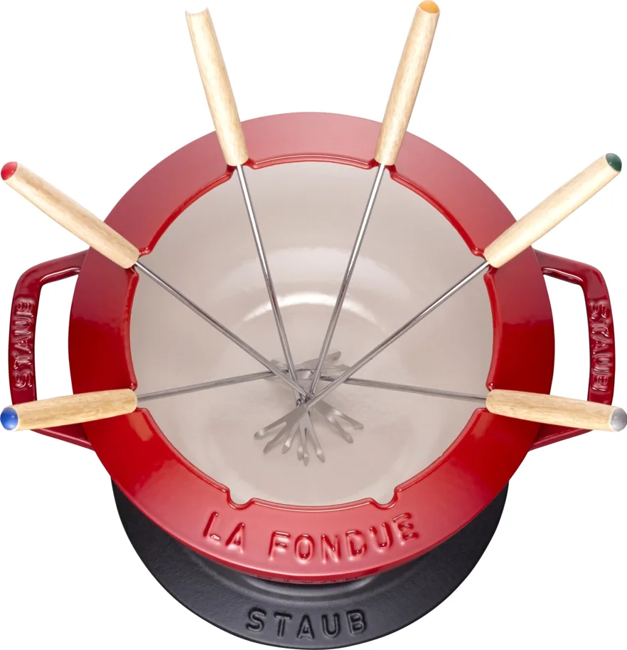 Fondue Set Kirsch-Rot m. 2 Griffen, rund. 18cm